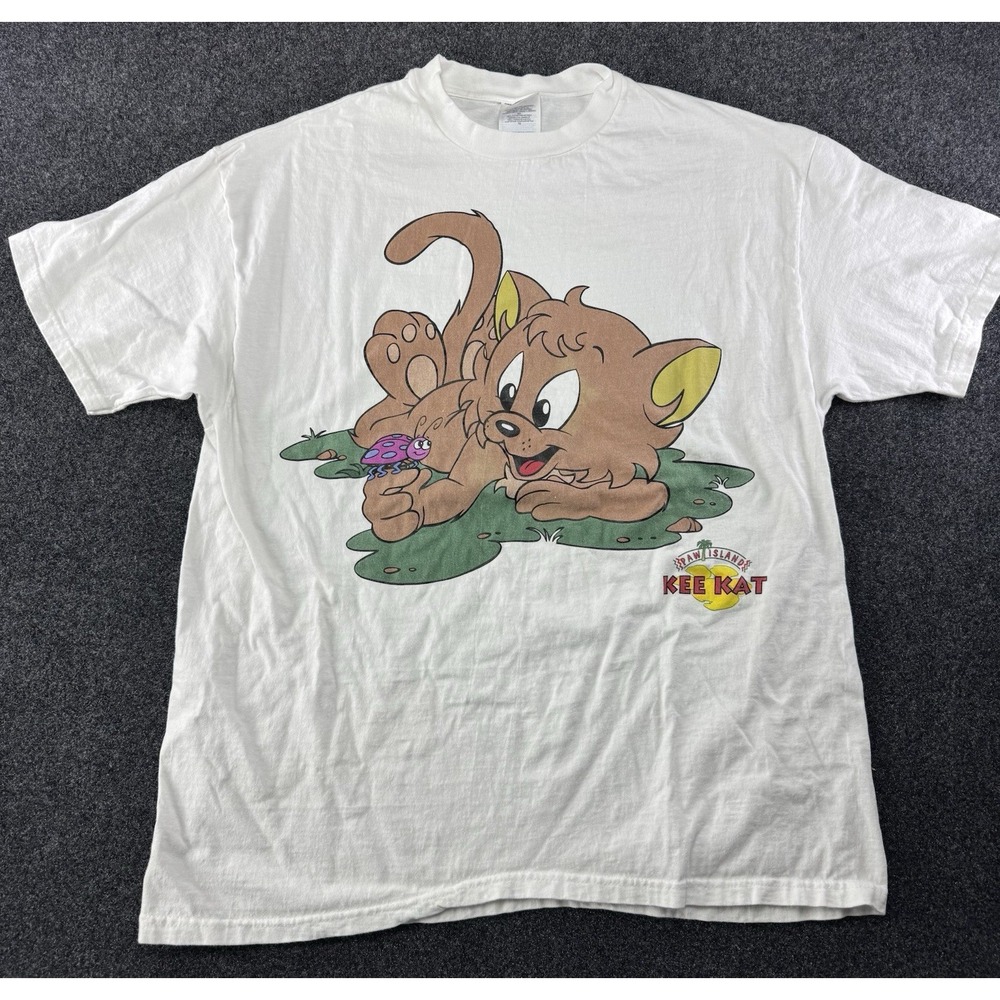 VTG‎ 90s Kee Kat Paw Island Cat Graphic T-Shirt XL White Hanes Beefy